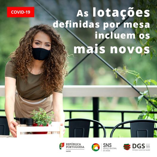 A lotação máxima por mesa é de 4 pessoas no interior de restaurantes