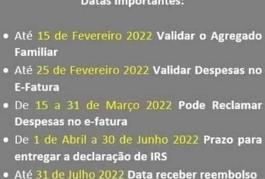 IRS: Hoje termina o prazo para validar o agregado familiar e todas as outras dat