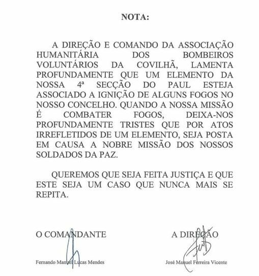 Nota dos Bombeiros voluntários da Covilhã