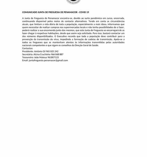 Junta de Freguesia de Penamacor | Covi-19