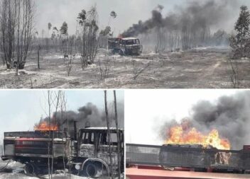 Viatura dos Bombeiros consumida pelas chamas