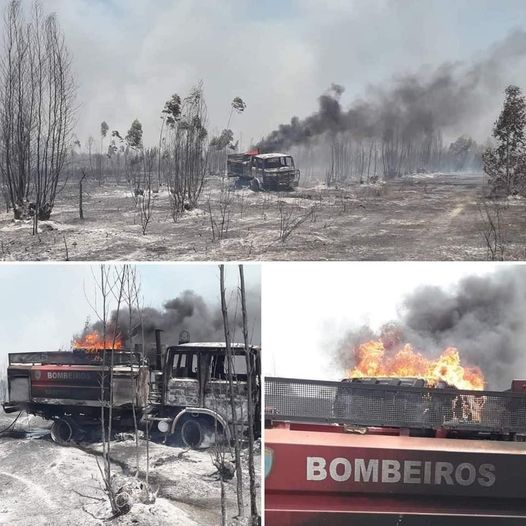 Viatura dos Bombeiros consumida pelas chamas