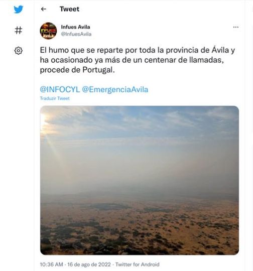 Fumo dos incêndios em Portugal chega a Espanha