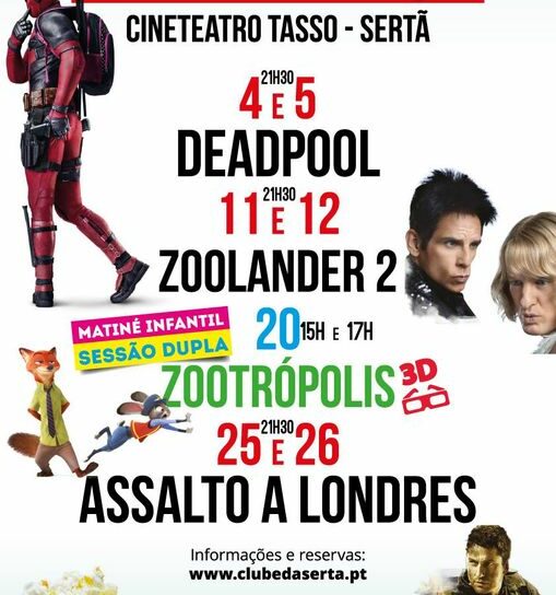 Programação de cinema do mês de março do Cineteatro Tasso do Clube da Sertã: