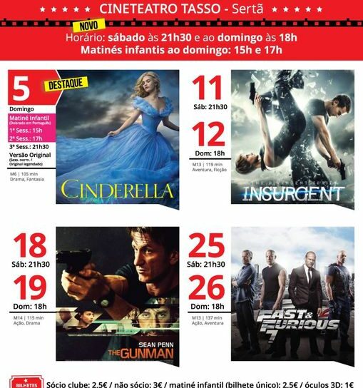 Filmes em exibição no CineTeatro Tasso, do Clube da Sertã