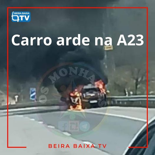 Automóvel consumido pelas chamas na A23