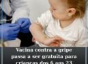 Vacina contra a gripe passa a ser gratuita para crianças dos seis aos 23 meses